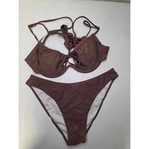 Luvalot Women Brown Underwire Bikini Set High Leg Two Piece Swimsuit Size L